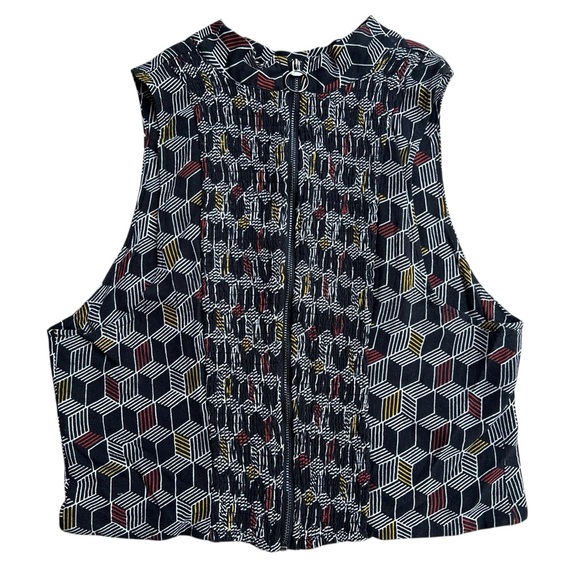 FREE PEOPLE Geometric High-Neck Sleeveless Blouse Smock Zip-Back Sz L Funky Boho - Picture 3 of 8